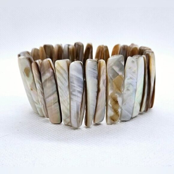 Vintage Chunky Mother of Pearl Shell Stretch Bracelet Boho Statement - Picture 3 of 6